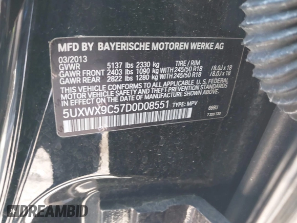 2013 BMW X3 xDrive28i with VIN 5UXWX9C57D0D08551, listed as a IAAI auction lot 41728132 with 123,630 mi miles and . Bid and sale history available at DreamBid. Image 9.