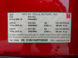 2015 Tesla Model S 85D with VIN 5YJSA1H42FF086599, listed as a IAAI auction lot 41832223 with 67,671 mi miles. Bid and sale history available at carsss.com. Image 9.