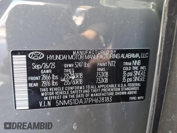 2023 Hyundai Santa Fe SE with VIN 5NMS1DAJ7PH628183, listed as a Copart auction lot 45590265 with 22,134 mi miles and Salvage title. Bid and sale history available at DreamBid. Image 13.