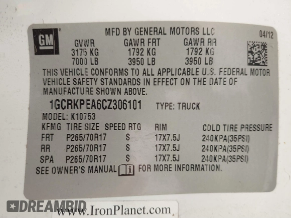 2012 Chevrolet Silverado 1500 Work Truck with VIN 1GCRKPEA6CZ306101, listed as a IAAI auction lot 41678162 with 220,255 mi miles and . Bid and sale history available at DreamBid. Image 9.