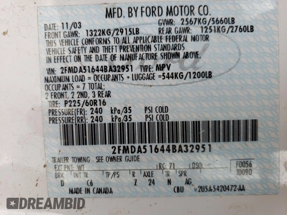 2004 Ford Freestar SE z VIN 2FMDA51644BA32951, wystawiony jako Copart lot #54115905 z przebiegiem 90 629 mil mil oraz Szkoda całkowita • Salvage title. Historia ofert i sprzedaży dostępna na DreamBid. Obrazek 13.