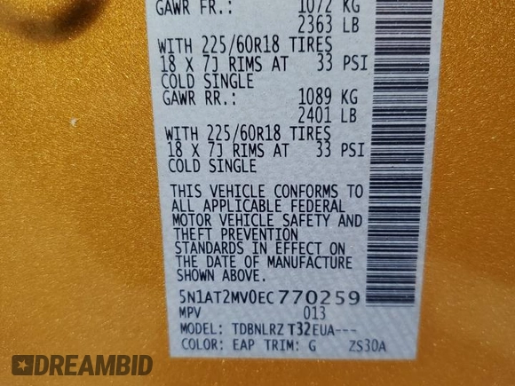 2014 Nissan Rogue SV with VIN 5N1AT2MV0EC770259, listed as a Copart auction lot 53618135 with 85,543 mi miles and Salvage Title. Bid and sale history available at carsss.com. Image 14.