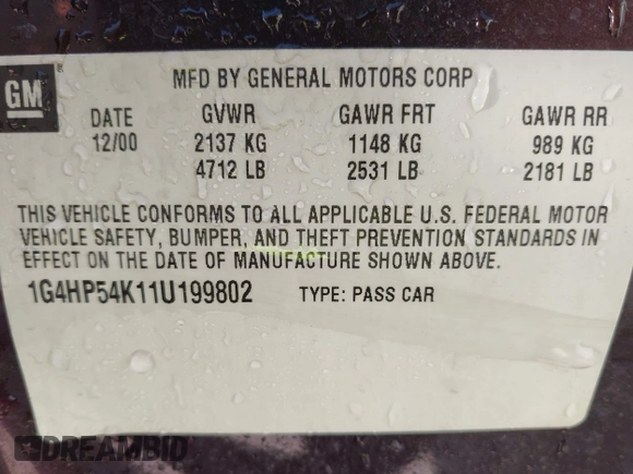 2001 Buick LeSabre Custom with VIN 1G4HP54K11U199802, listed as a IAAI auction lot 42134220 with 218,662 mi miles and . Bid and sale history available at carsss.com. Image 9.
