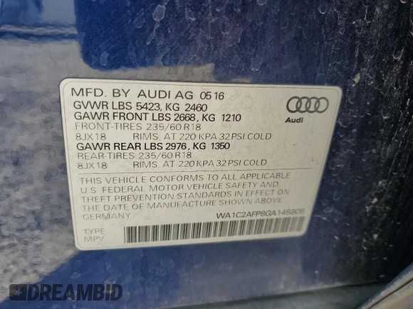 2016 Audi Q5 Premium with VIN WA1C2AFP8GA145805, listed as a Copart auction lot 56346435 with 125,002 mi miles and Salvage title. Bid and sale history available at DreamBid. Image 13.