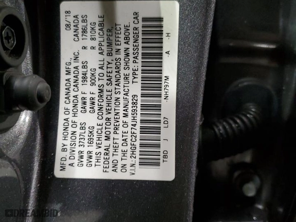 2018 Honda Civic Sedan EX with VIN 2HGFC2F74JH593829, listed as a Copart auction lot 44894305 with 79,711 mi miles and Salvage Title. Bid and sale history available at carsss.com. Image 12.