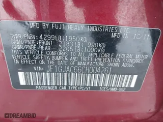 2012 Subaru Impreza Sedan 2.0i Premium with VIN JF1GJAC66CH004261, listed as a IAAI auction lot 41633853 with 170,214 mi miles. Bid and sale history available at carsss.com. Image 9.