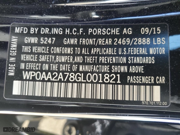 2016 Porsche Panamera 4 with VIN WP0AA2A78GL001821, listed as a Copart auction lot 44892324 with 62,380 mi miles. Bid and sale history available at carsss.com. Image 13.