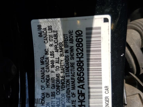 2008 Honda Civic LX z VIN 2HGFA16598H328610, wystawiony jako Copart lot #59426675 z przebiegiem 177 397 mil mil oraz Czysty tytuł • Clean title. Historia ofert i sprzedaży dostępna na DreamBid. Obrazek 12.