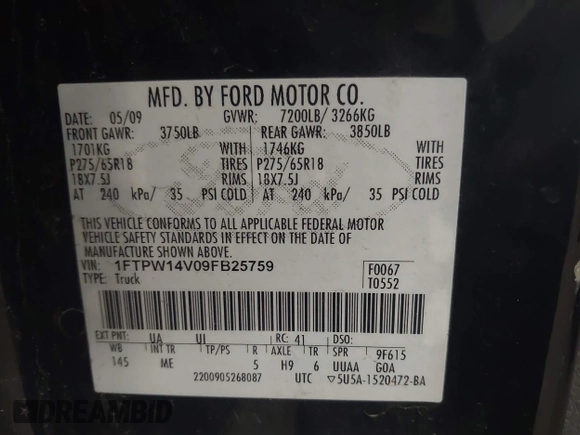 2009 Ford F-150 XL with VIN 1FTPW14V09FB25759, listed as a IAAI auction lot 42167356 with 189,151 mi miles and . Bid and sale history available at DreamBid. Image 9.