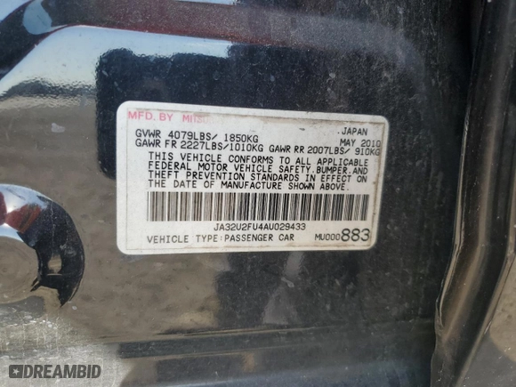 2010 Mitsubishi Lancer ES with VIN JA32U2FU4AU029433, listed as a Copart auction lot 87968625 with 187,336 mi miles and Salvage Title. Bid and sale history available at carsss.com. Image 12.