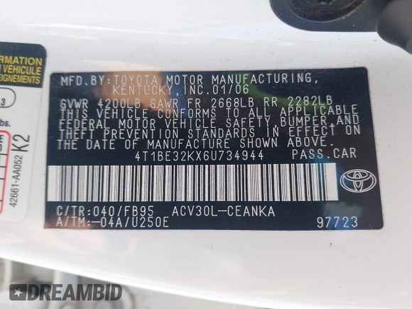 2006 Toyota Camry STD with VIN 4T1BE32KX6U734944, listed as a IAAI auction lot 41745226 with 243,967 mi miles. Bid and sale history available at carsss.com. Image 9.
