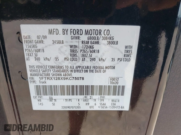 2009 Ford F-150 STX with VIN 1FTRX128X9KC75078, listed as a IAAI auction lot 42458966 with 150,794 mi miles and . Bid and sale history available at DreamBid. Image 9.