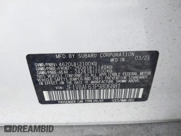 2023 Subaru WRX Premium с VIN JF1VBAF63P9806881, выставлен на аукционе IAAI как лот 41771523 с пробегом Не указан миль и . История ставок и продаж доступна на DreamBid. Изображение 9.