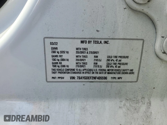 2022 Tesla Model Y Performance с VIN 7SAYGDEF2NF405596, выставлен на аукционе Copart как лот 52868195 с пробегом Не указан миль и Списание • Salvage title. История ставок и продаж доступна на DreamBid. Изображение 15.