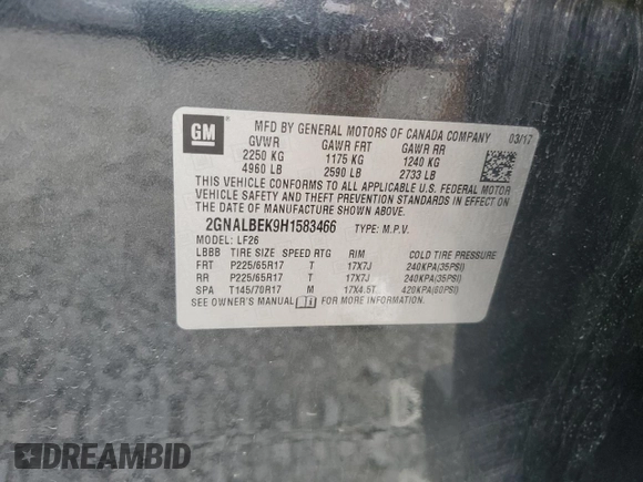 2017 Chevrolet Equinox LS z VIN 2GNALBEK9H1583466, wystawiony jako Copart lot #53538525 z przebiegiem 98 388 mil mil oraz Szkoda całkowita • Salvage title. Historia ofert i sprzedaży dostępna na DreamBid. Obrazek 12.