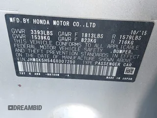 2016 Honda Fit LX with VIN JHMGK5H54GX007250, listed as a IAAI auction lot 41987205 with 50,174 mi miles. Bid and sale history available at carsss.com. Image 9.