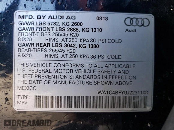 2018 Audi SQ5 with VIN WA1C4BFY9J2231103, listed as a Copart auction lot 42599285 with 94,182 mi miles and Salvage Title. Bid and sale history available at DreamBid. Image 13.