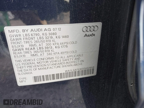 2013 Audi Q7 3.0T Premium Plus with VIN WA1LGAFE8DD002959, listed as a IAAI auction lot 41970557 with 184,945 mi miles. Bid and sale history available at carsss.com. Image 9.