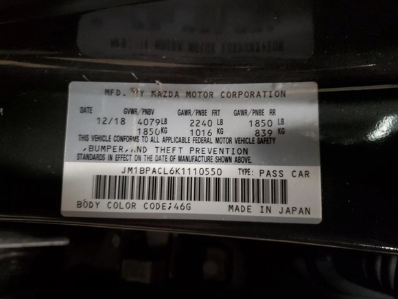 2019 Mazda 3 w/Select with VIN JM1BPACL6K1110550, listed as a Copart auction lot 46606075 with 51,093 mi miles and Salvage Title. Bid and sale history available at carsss.com. Image 15.