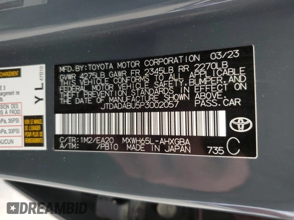 2023 Toyota Prius LE z VIN JTDADABU5P3002057, wystawiony jako Copart lot #47227675 z przebiegiem Nie podano mil oraz Szkoda całkowita • Salvage title. Historia ofert i sprzedaży dostępna na DreamBid. Obrazek 12.