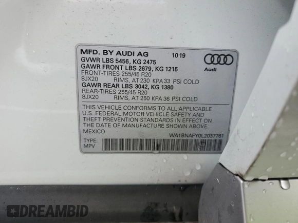 2020 Audi Q5 Premium Plus with VIN WA1BNAFY0L2037761, listed as a Copart auction lot 48557125 with 38,667 mi miles and Salvage Title. Bid and sale history available at carsss.com. Image 14.