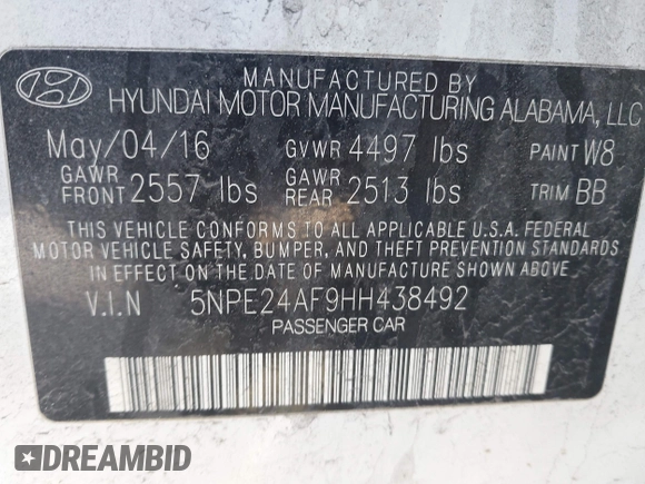 2017 Hyundai Sonata SE with VIN 5NPE24AF9HH438492, listed as a IAAI auction lot 41983658 with 213,159 mi miles and . Bid and sale history available at DreamBid. Image 9.