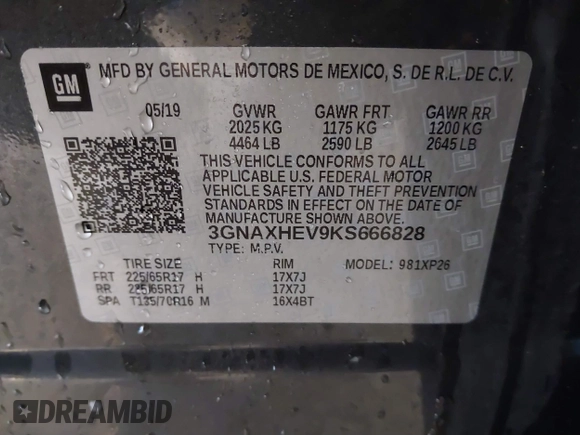 2019 Chevrolet Equinox LS with VIN 3GNAXHEV9KS666828, listed as a IAAI auction lot 41629860 with 92,198 mi miles and . Bid and sale history available at carsss.com. Image 9.