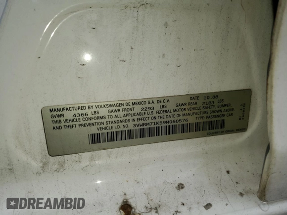 2009 Volkswagen Jetta SE с VIN 3VWRM71K59M060576, выставлен на аукционе Copart как лот 54835895 с пробегом 115 157 миль миль и Списание • Salvage title. История ставок и продаж доступна на DreamBid. Изображение 12.