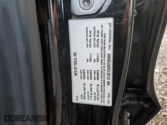 2019 Tesla Model 3 Mid Range with VIN 5YJ3E1EAXKF305080, listed as a Copart auction lot 49899965 with 88,607 mi miles and Salvage Title. Bid and sale history available at DreamBid. Image 12.