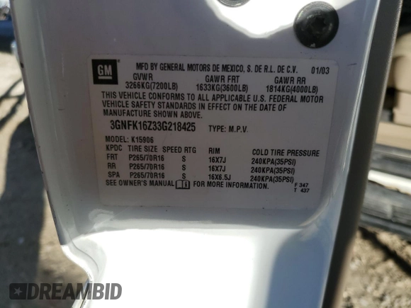 2003 Chevrolet Suburban LT with VIN 3GNFK16Z33G218425, listed as a Copart auction lot 81138144 with 246,985 mi miles and Salvage title. Bid and sale history available at DreamBid. Image 16.