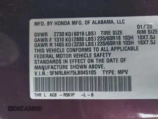 2020 Honda Odyssey EX-L with VIN 5FNRL6H75LB045105, listed as a IAAI auction lot 41499974 with 90,469 mi miles. Bid and sale history available at carsss.com. Image 9.