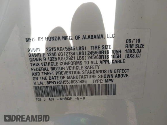 2018 Honda Pilot EX-L с VIN 5FNYF5H55JB031486, выставлен на аукционе IAAI как лот 41948989 с пробегом 88 241 миль миль и . История ставок и продаж доступна на DreamBid. Изображение 9.