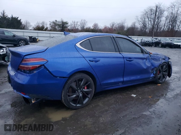 2022 Genesis G70 3.3T with VIN KMTG54TEXNU102485, listed as a Copart auction lot 79568824 with Not Provided miles and Salvage Title. Bid and sale history available at carsss.com. Image 3.