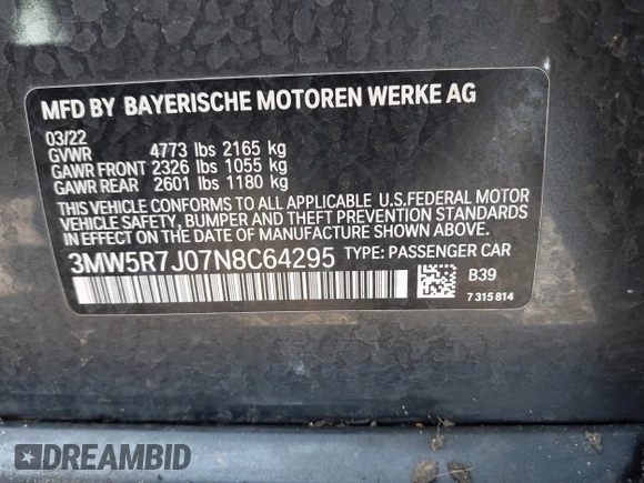 2022 BMW 3 Series 330i xDrive z VIN 3MW5R7J07N8C64295, wystawiony jako IAAI lot #40148967 z przebiegiem 25 356 mil mil oraz . Historia ofert i sprzedaży dostępna na DreamBid. Obrazek 9.