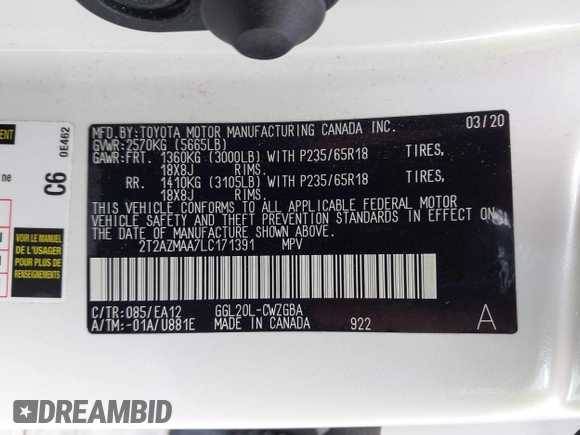 2020 Lexus RX 350 with VIN 2T2AZMAA7LC171391, listed as a IAAI auction lot 41906891 with 52,248 mi miles and . Bid and sale history available at DreamBid. Image 9.