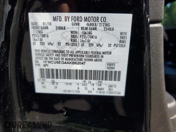 2010 Ford Escape Limited с VIN 1FMCU9EG4AKB62047, выставлен на аукционе Copart как лот 62946685 с пробегом 87 232 миль миль и Списание • Salvage title. История ставок и продаж доступна на DreamBid. Изображение 12.