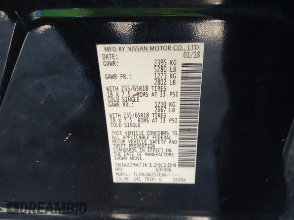 2018 Nissan Murano S with VIN 5N1AZ2MH7JN126104, listed as a IAAI auction lot 41318056 with 136,505 mi miles and . Bid and sale history available at DreamBid. Image 9.