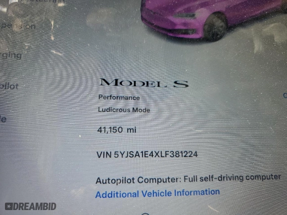 2020 Tesla Model S Performance with VIN 5YJSA1E4XLF381224, listed as a Copart auction lot 72149954 with NaN miles and Salvage Title. Bid and sale history available at carsss.com. Image 9.