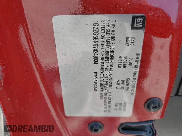 2007 Pontiac G6 G6 with VIN 1G2ZG58N674248034, listed as a Copart auction lot 59629215 with 179,537 mi miles and Salvage title. Bid and sale history available at DreamBid. Image 12.