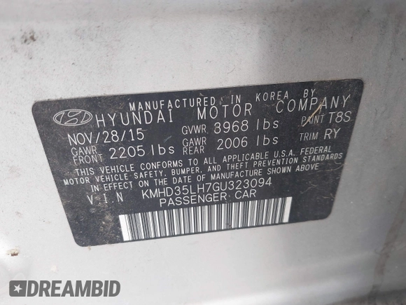 2016 Hyundai Elantra z VIN KMHD35LH7GU323094, wystawiony jako IAAI lot #42425725 z przebiegiem Nie podano mil oraz . Historia ofert i sprzedaży dostępna na DreamBid. Obrazek 9.