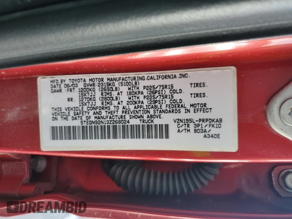 2003 Toyota Tacoma PreRunner with VIN 5TEGN92N13Z268024, listed as a Copart auction lot 56512375 with 333,073 mi miles and Salvage title. Bid and sale history available at DreamBid. Image 12.