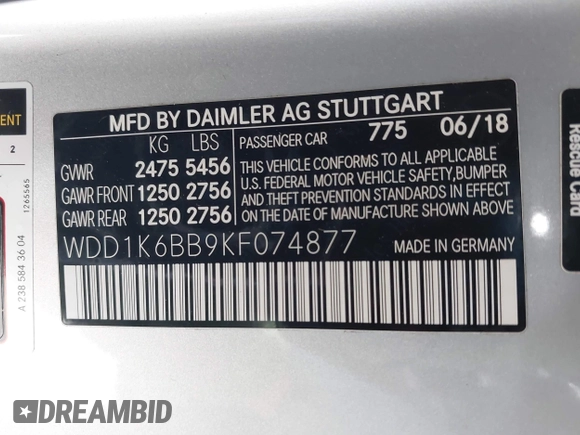 2019 Mercedes-Benz E 53 AMG with VIN WDD1K6BB9KF074877, listed as a IAAI auction lot 41670966 with 53,305 mi miles and . Bid and sale history available at DreamBid. Image 9.