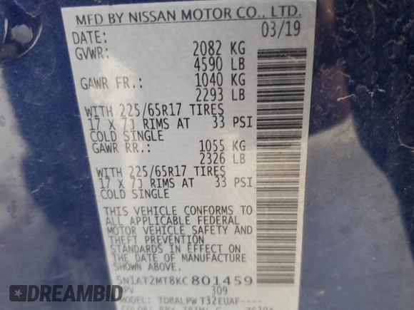 2019 Nissan Rogue SL with VIN 5N1AT2MT8KC801459, listed as a Copart auction lot 52626485 with 100,202 mi miles and Salvage Title. Bid and sale history available at DreamBid. Image 14.