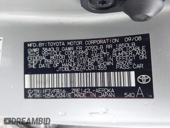 2009 Toyota Corolla with VIN JTDBL40E69J041355, listed as a IAAI auction lot 41737812 with 66,953 mi miles. Bid and sale history available at carsss.com. Image 9.