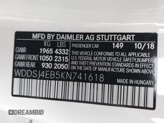 2019 Mercedes-Benz CLA with VIN WDDSJ4EB5KN741618, listed as a IAAI auction lot 42012611 with 91,417 mi miles. Bid and sale history available at carsss.com. Image 9.