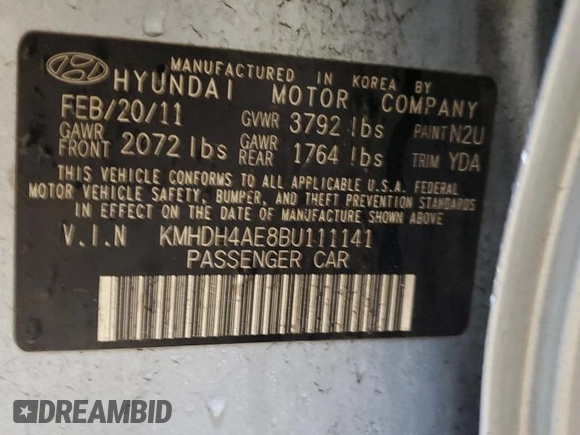 2011 Hyundai Elantra GLS с VIN KMHDH4AE8BU111141, выставлен на аукционе Copart как лот 57908075 с пробегом 166 907 миль миль и Чистый • Clean title. История ставок и продаж доступна на DreamBid. Изображение 12.