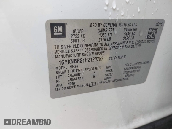 2017 Cadillac XT5 Luxury FWD with VIN 1GYKNBRS1HZ120787, listed as a IAAI auction lot 41900222 with 182,705 mi miles. Bid and sale history available at carsss.com. Image 9.
