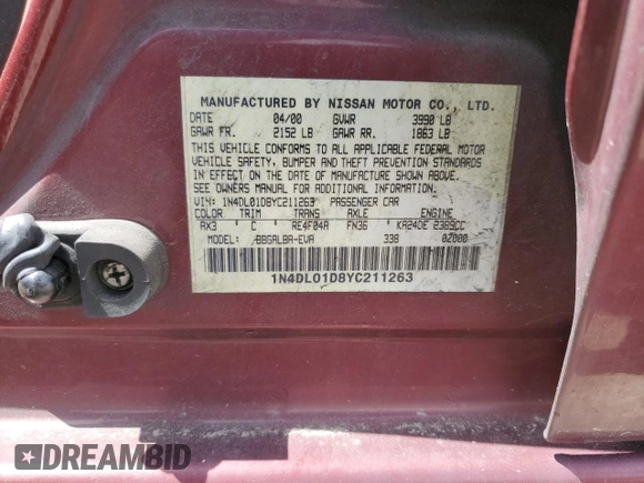 2000 Nissan Altima XE with VIN 1N4DL01D8YC211263, listed as a Copart auction lot 52882685 with Not Provided miles and Salvage Title. Bid and sale history available at DreamBid. Image 13.