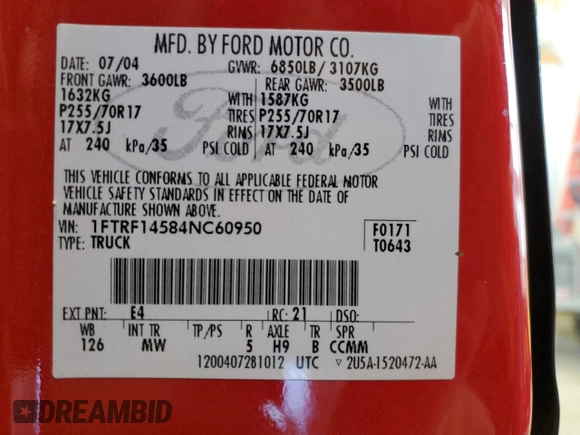 2004 Ford F-150 XL with VIN 1FTRF14584NC60950, listed as a Copart auction lot 45388855 with 162,646 mi miles and Clean title. Bid and sale history available at DreamBid. Image 12.