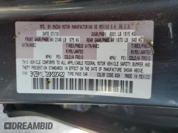 2016 Mazda 3 i Touring with VIN 3MZBM1L72GM320422, listed as a Copart auction lot 61272715 with 90,134 mi miles and Salvage title. Bid and sale history available at DreamBid. Image 12.